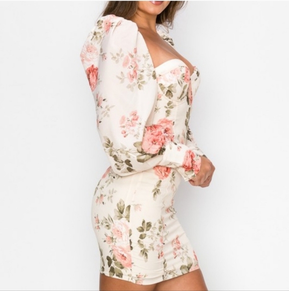Romantic Floral Sweetheart Puff Sleeve Bodycon Mini Dress Medium Valentines NWOT - Picture 7 of 16